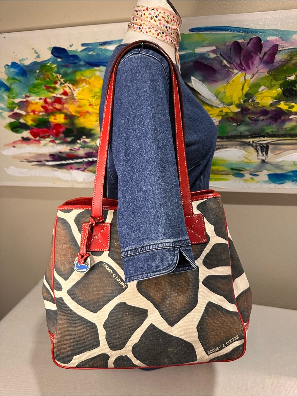 Dooney & Bourke Red-Trim Giraffe Print Canvas Tote Vintage - Picture 16 of 16